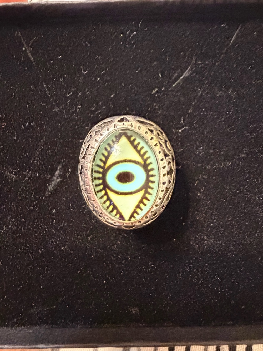Men’s Silver Tone Stainless Steel Evil Eye Yellow & Teal Statement Ring